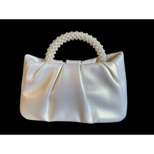 Evening Purse Women Pearl Handles Soft Leather Ruched Bag Bridal Clutch White